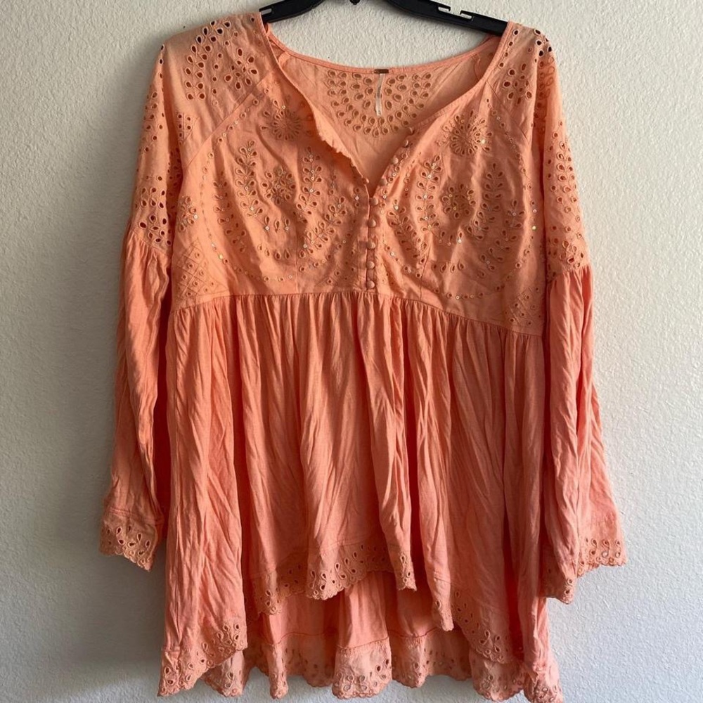 Free People Orange Sparkle Boho Beach Top Blouse